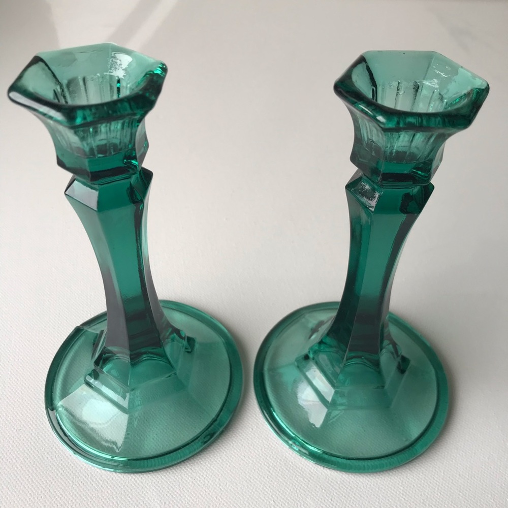 Pair of Vintage Green Glass Candle Holders